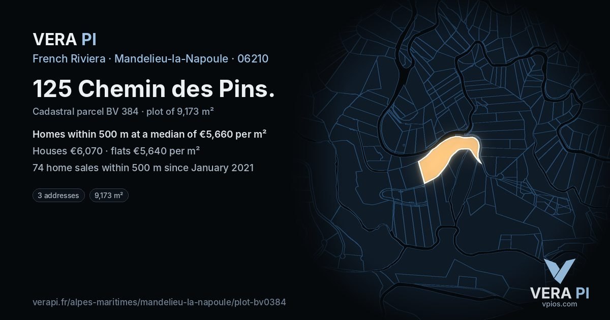125 Chemin des Pins, Mandelieu-la-Napoule at night – the plot lit, the parcels around coloured by the prices near them