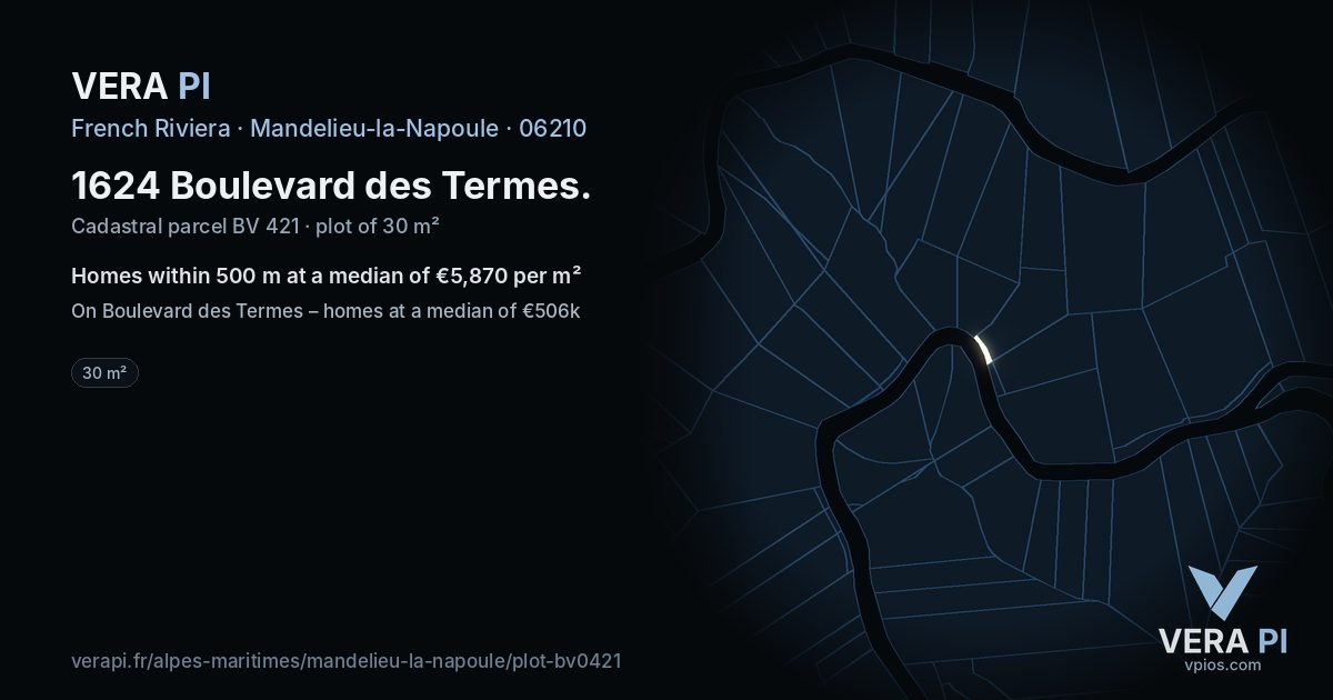 1624 Boulevard des Termes, Mandelieu-la-Napoule at night – the plot lit, the parcels around coloured by the prices near them