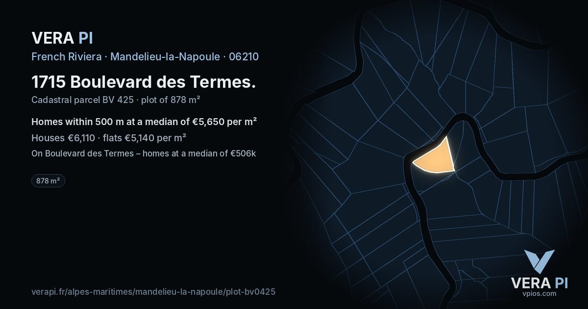 1715 Boulevard des Termes, Mandelieu-la-Napoule at night – the plot lit, the parcels around coloured by the prices near them