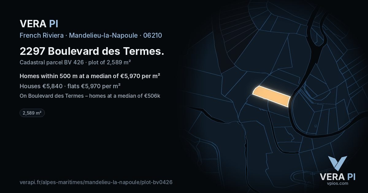 2297 Boulevard des Termes, Mandelieu-la-Napoule at night – the plot lit, the parcels around coloured by the prices near them