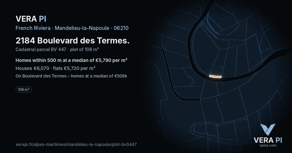 2184 Boulevard des Termes, Mandelieu-la-Napoule at night – the plot lit, the parcels around coloured by the prices near them