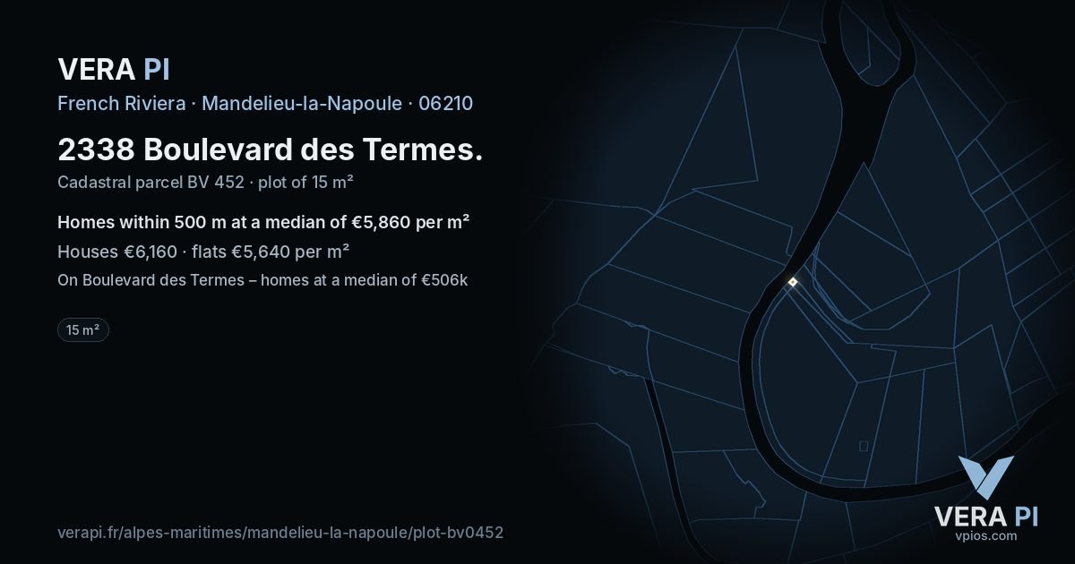 2338 Boulevard des Termes, Mandelieu-la-Napoule at night – the plot lit, the parcels around coloured by the prices near them