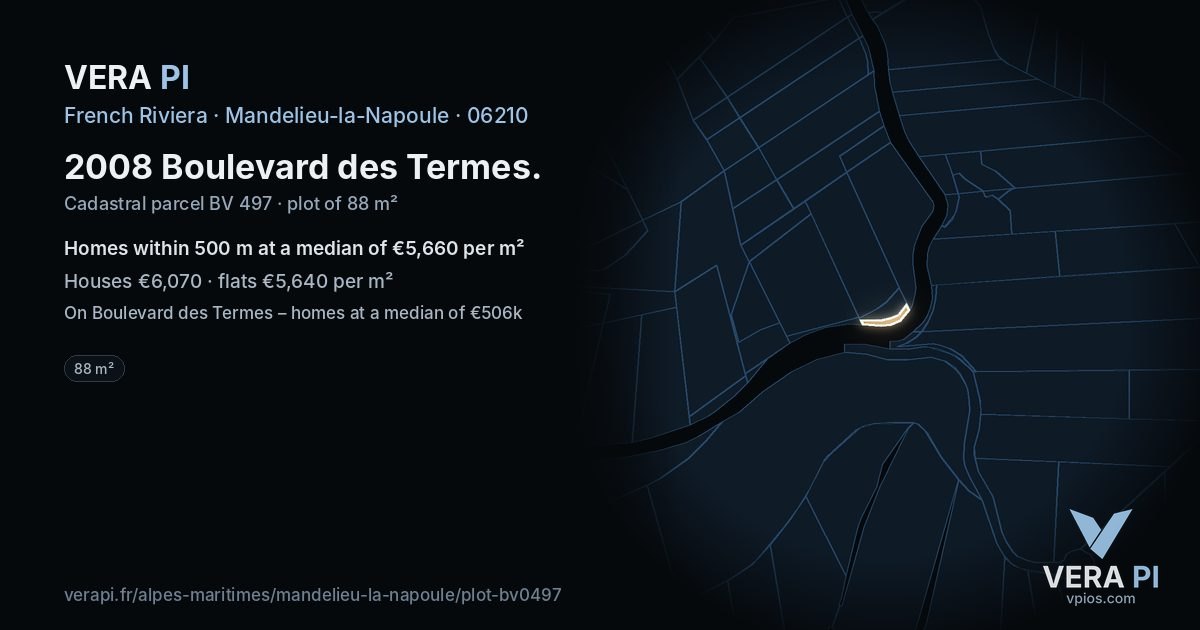 2008 Boulevard des Termes, Mandelieu-la-Napoule at night – the plot lit, the parcels around coloured by the prices near them
