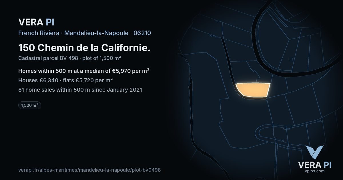 150 Chemin de la Californie, Mandelieu-la-Napoule at night – the plot lit, the parcels around coloured by the prices near them