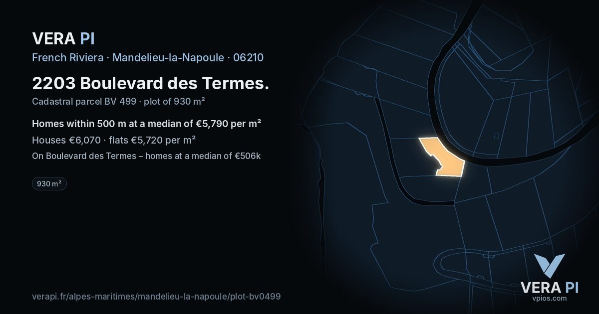 2203 Boulevard des Termes, Mandelieu-la-Napoule at night – the plot lit, the parcels around coloured by the prices near them