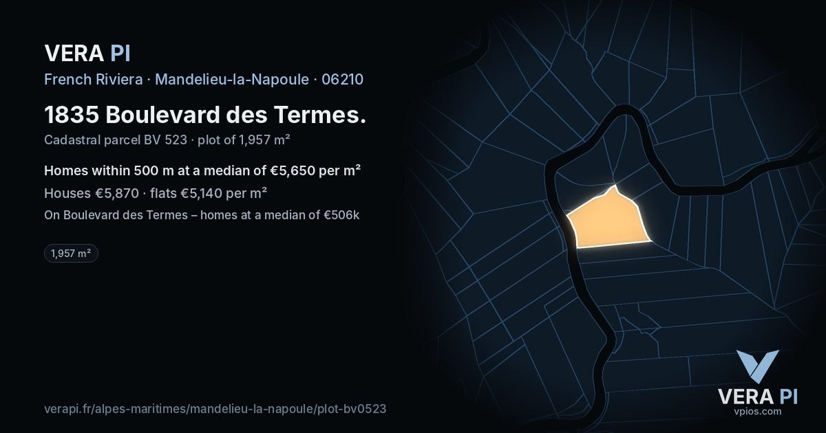 1835 Boulevard des Termes, Mandelieu-la-Napoule at night – the plot lit, the parcels around coloured by the prices near them