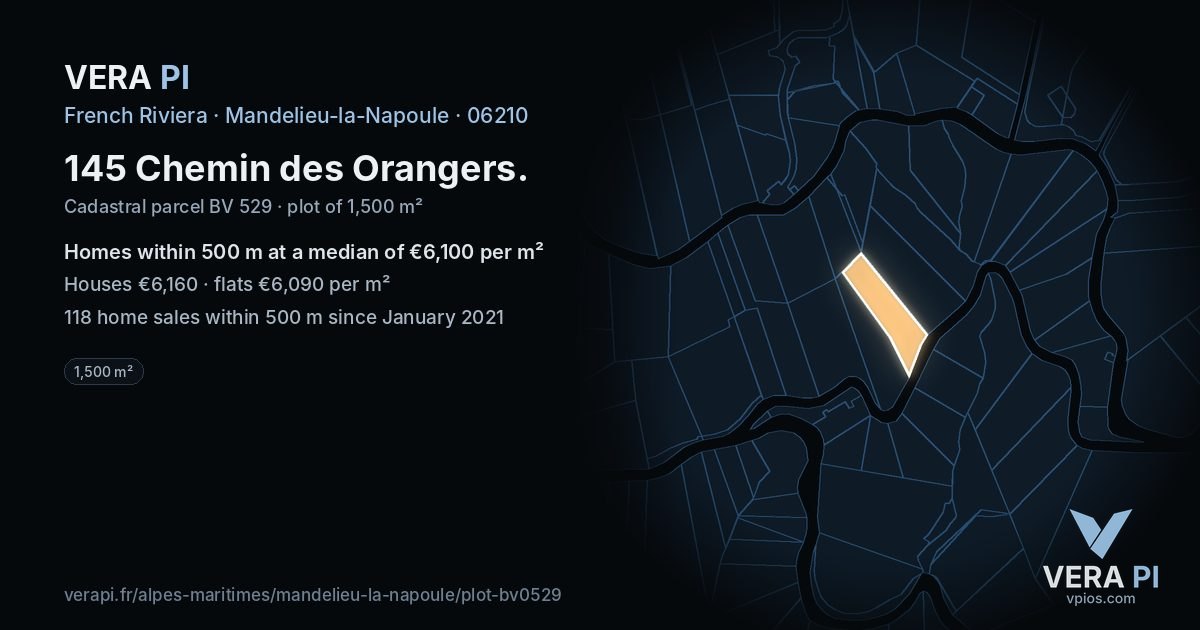 145 Chemin des Orangers, Mandelieu-la-Napoule at night – the plot lit, the parcels around coloured by the prices near them
