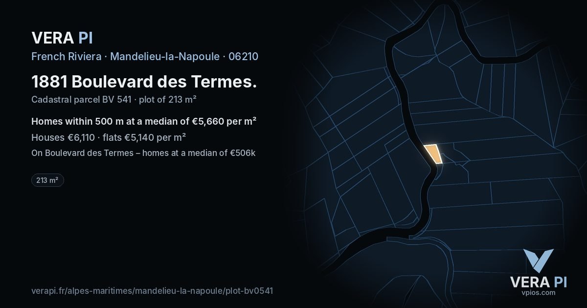 1881 Boulevard des Termes, Mandelieu-la-Napoule at night – the plot lit, the parcels around coloured by the prices near them