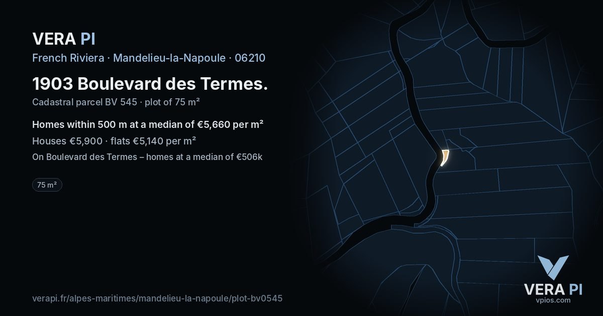 1903 Boulevard des Termes, Mandelieu-la-Napoule at night – the plot lit, the parcels around coloured by the prices near them