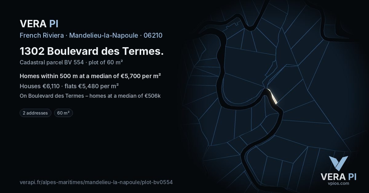 1302 Boulevard des Termes, Mandelieu-la-Napoule at night – the plot lit, the parcels around coloured by the prices near them
