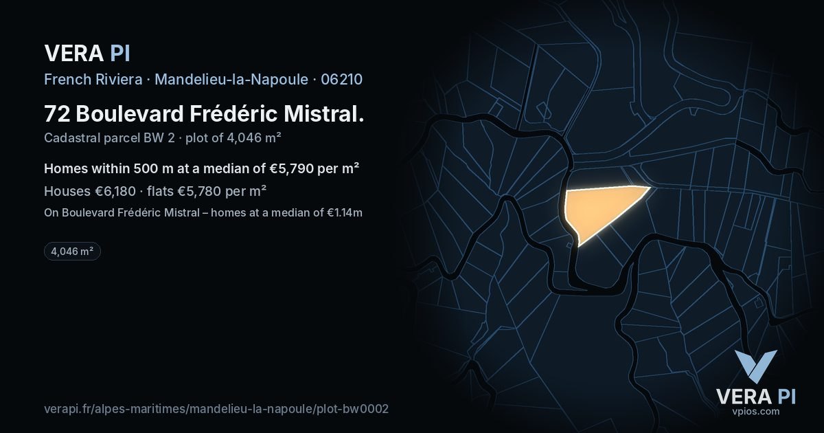 72 Boulevard Frédéric Mistral, Mandelieu-la-Napoule at night – the plot lit, the parcels around coloured by the prices near them