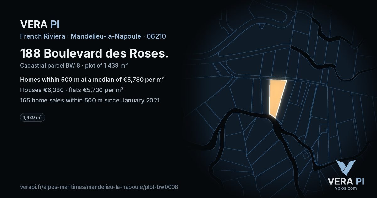 188 Boulevard des Roses, Mandelieu-la-Napoule at night – the plot lit, the parcels around coloured by the prices near them
