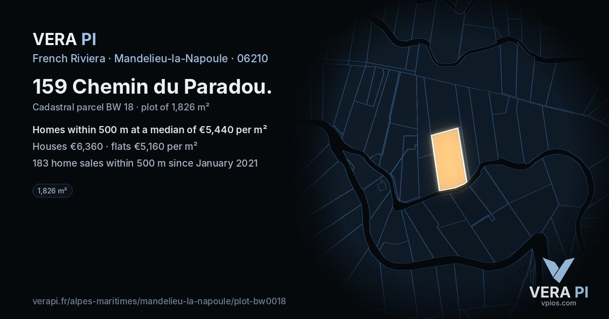 159 Chemin du Paradou, Mandelieu-la-Napoule at night – the plot lit, the parcels around coloured by the prices near them