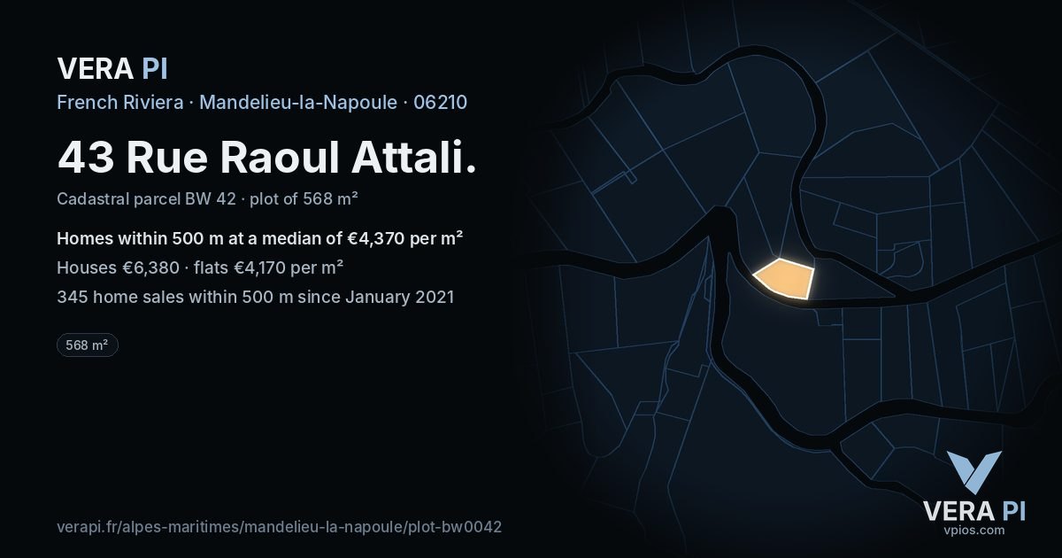 43 Rue Raoul Attali, Mandelieu-la-Napoule at night – the plot lit, the parcels around coloured by the prices near them