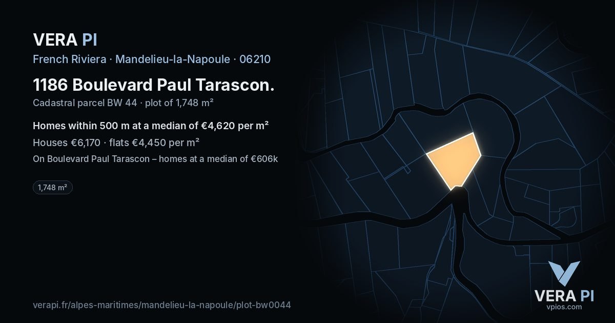 1186 Boulevard Paul Tarascon, Mandelieu-la-Napoule at night – the plot lit, the parcels around coloured by the prices near them