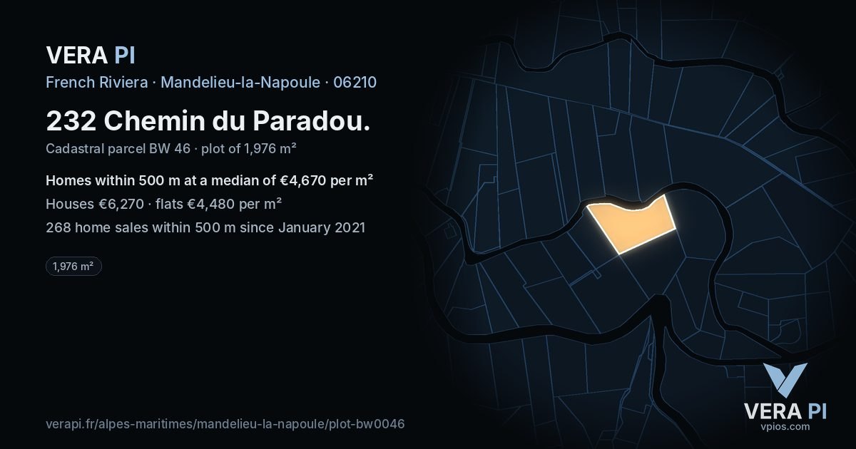 232 Chemin du Paradou, Mandelieu-la-Napoule at night – the plot lit, the parcels around coloured by the prices near them