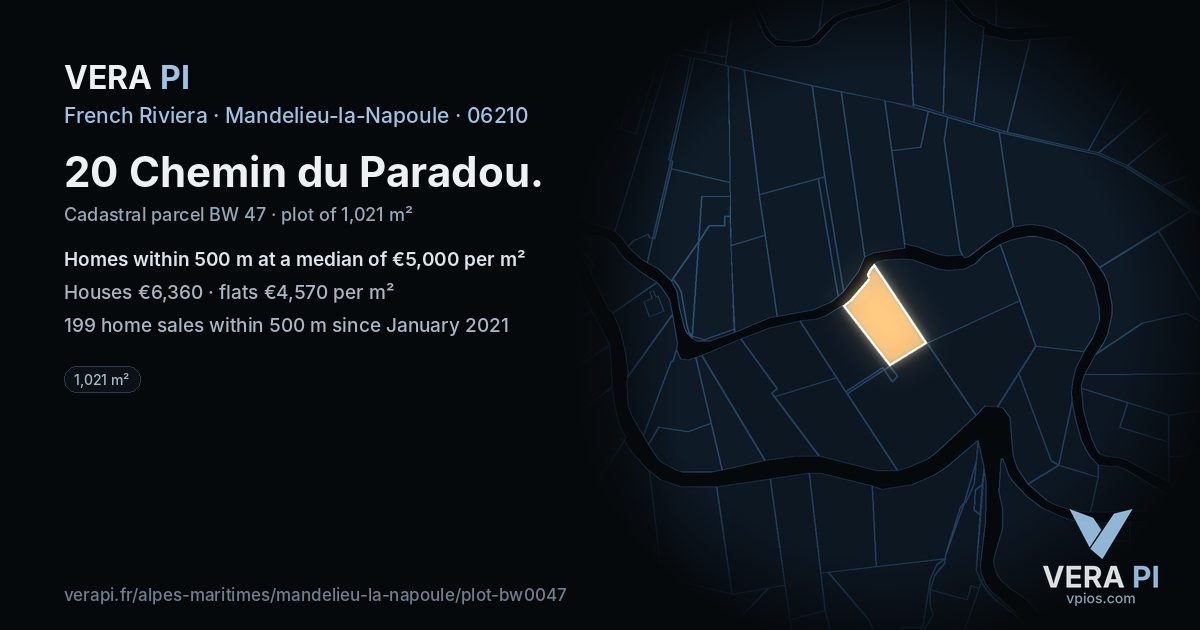 20 Chemin du Paradou, Mandelieu-la-Napoule at night – the plot lit, the parcels around coloured by the prices near them