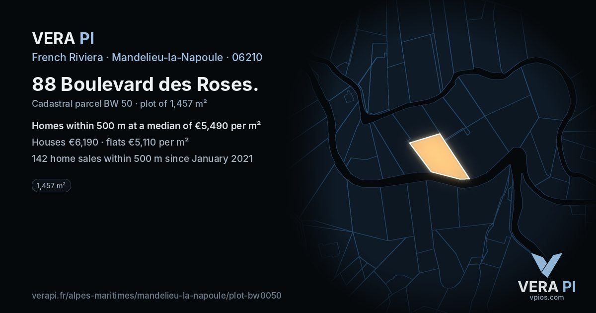 88 Boulevard des Roses, Mandelieu-la-Napoule at night – the plot lit, the parcels around coloured by the prices near them