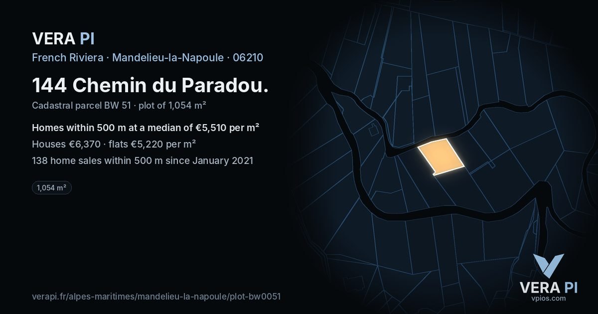 144 Chemin du Paradou, Mandelieu-la-Napoule at night – the plot lit, the parcels around coloured by the prices near them