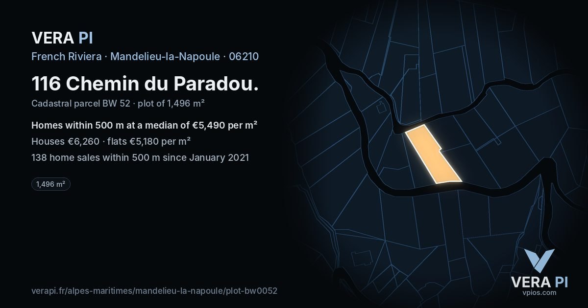 116 Chemin du Paradou, Mandelieu-la-Napoule at night – the plot lit, the parcels around coloured by the prices near them
