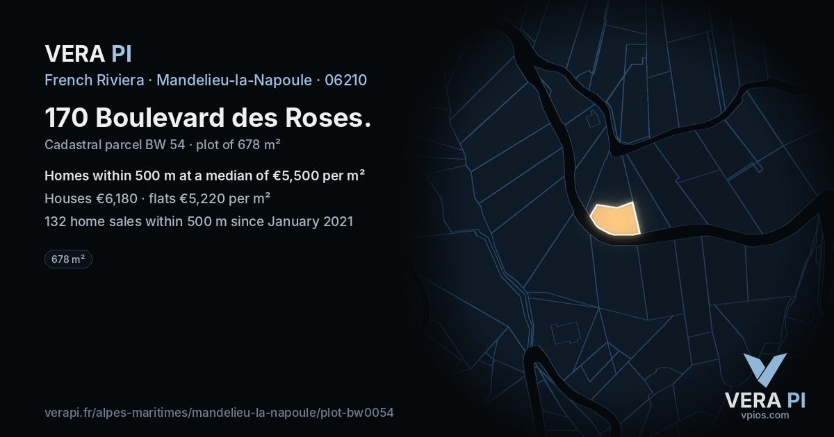 170 Boulevard des Roses, Mandelieu-la-Napoule at night – the plot lit, the parcels around coloured by the prices near them