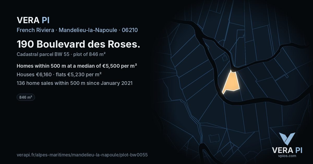 190 Boulevard des Roses, Mandelieu-la-Napoule at night – the plot lit, the parcels around coloured by the prices near them