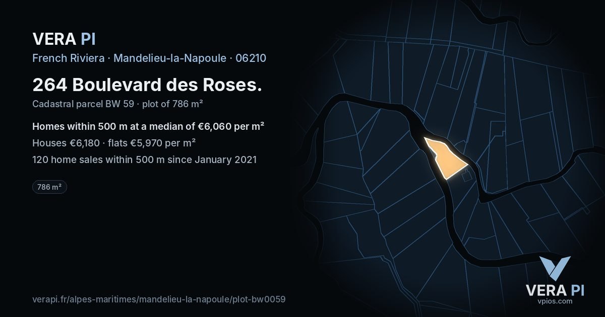 264 Boulevard des Roses, Mandelieu-la-Napoule at night – the plot lit, the parcels around coloured by the prices near them