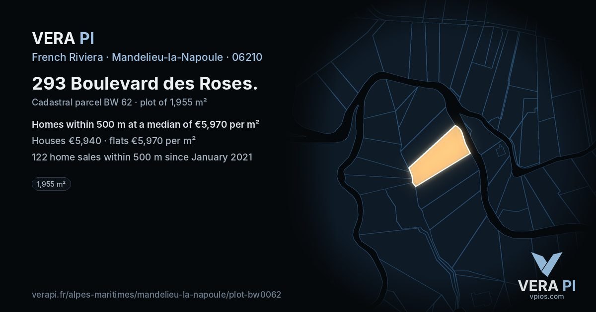 293 Boulevard des Roses, Mandelieu-la-Napoule at night – the plot lit, the parcels around coloured by the prices near them