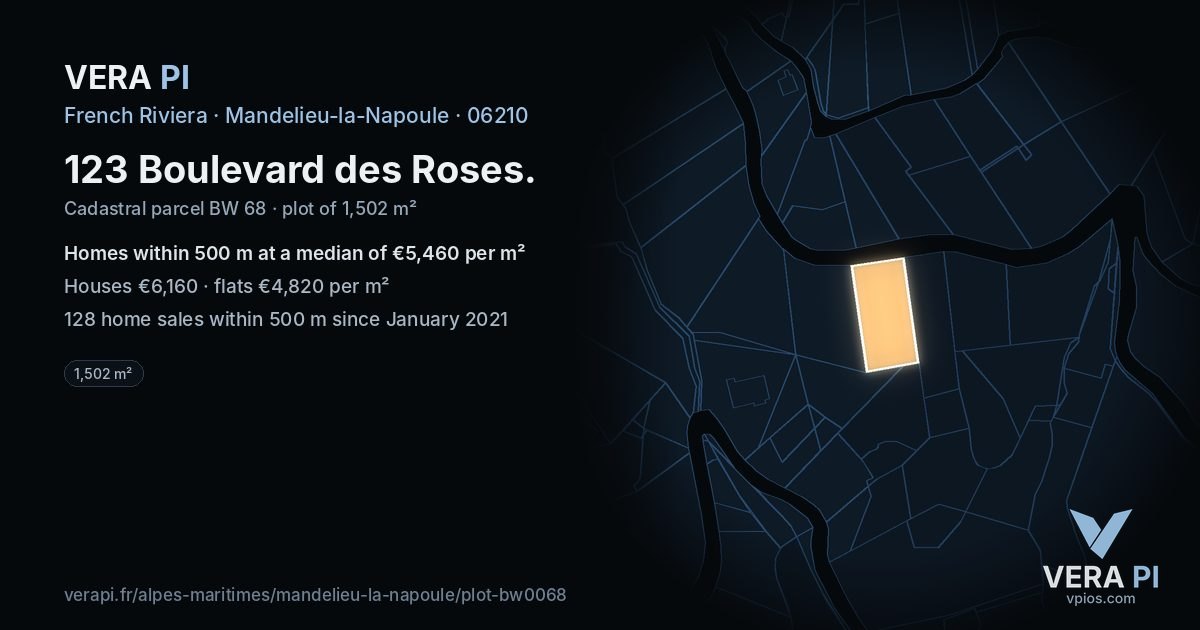 123 Boulevard des Roses, Mandelieu-la-Napoule at night – the plot lit, the parcels around coloured by the prices near them