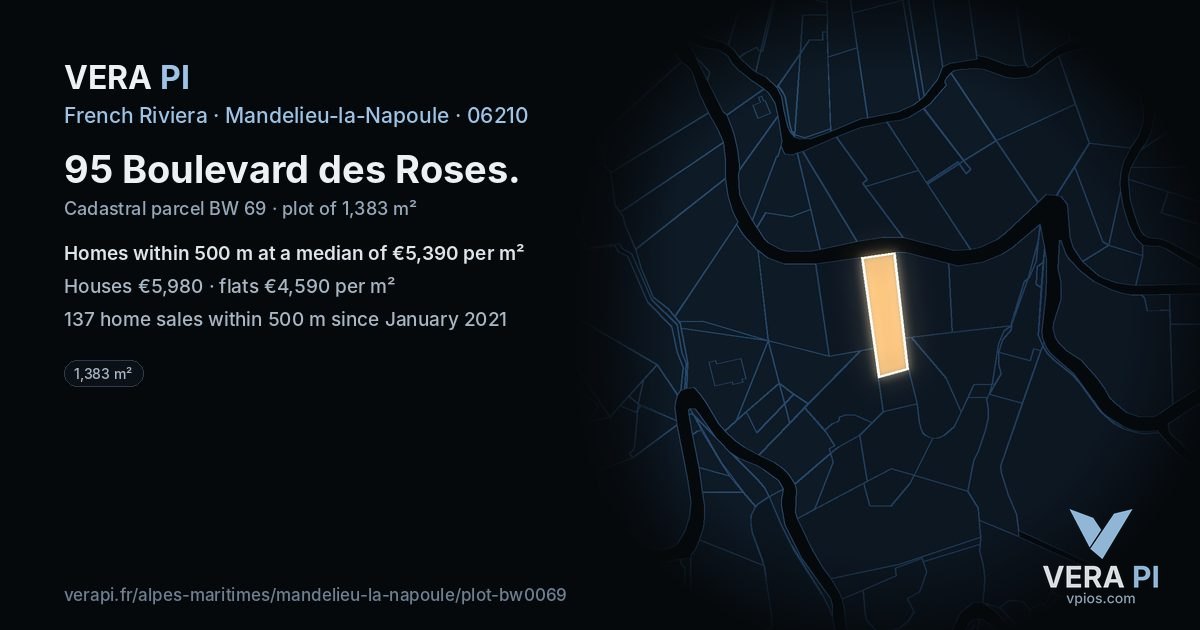 95 Boulevard des Roses, Mandelieu-la-Napoule at night – the plot lit, the parcels around coloured by the prices near them