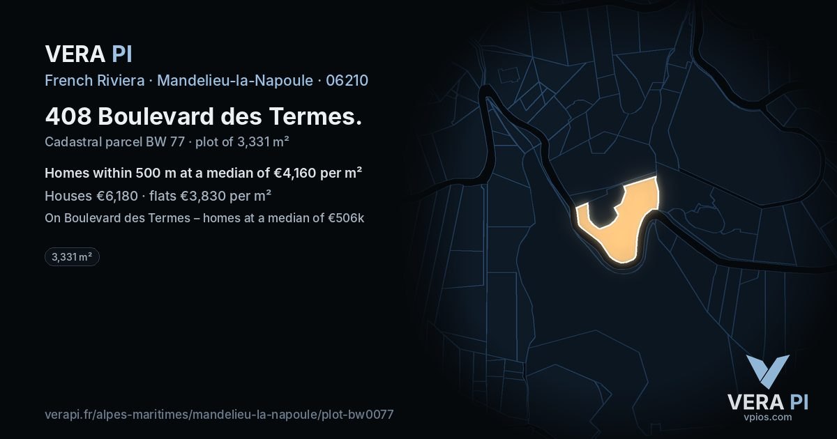 408 Boulevard des Termes, Mandelieu-la-Napoule at night – the plot lit, the parcels around coloured by the prices near them
