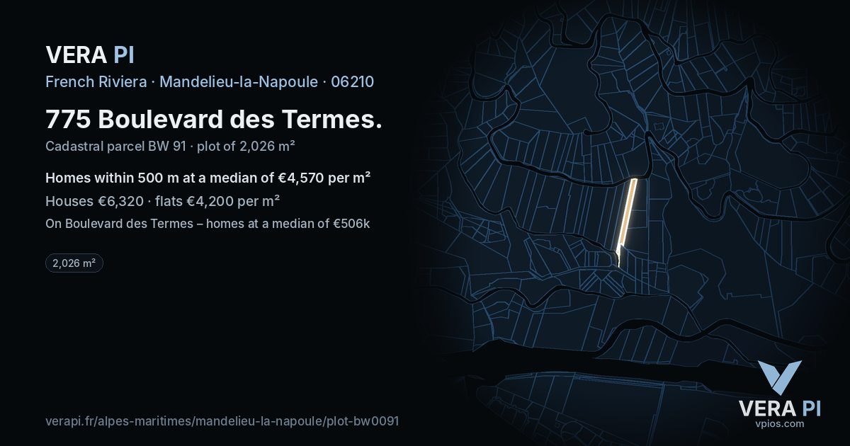 775 Boulevard des Termes, Mandelieu-la-Napoule at night – the plot lit, the parcels around coloured by the prices near them