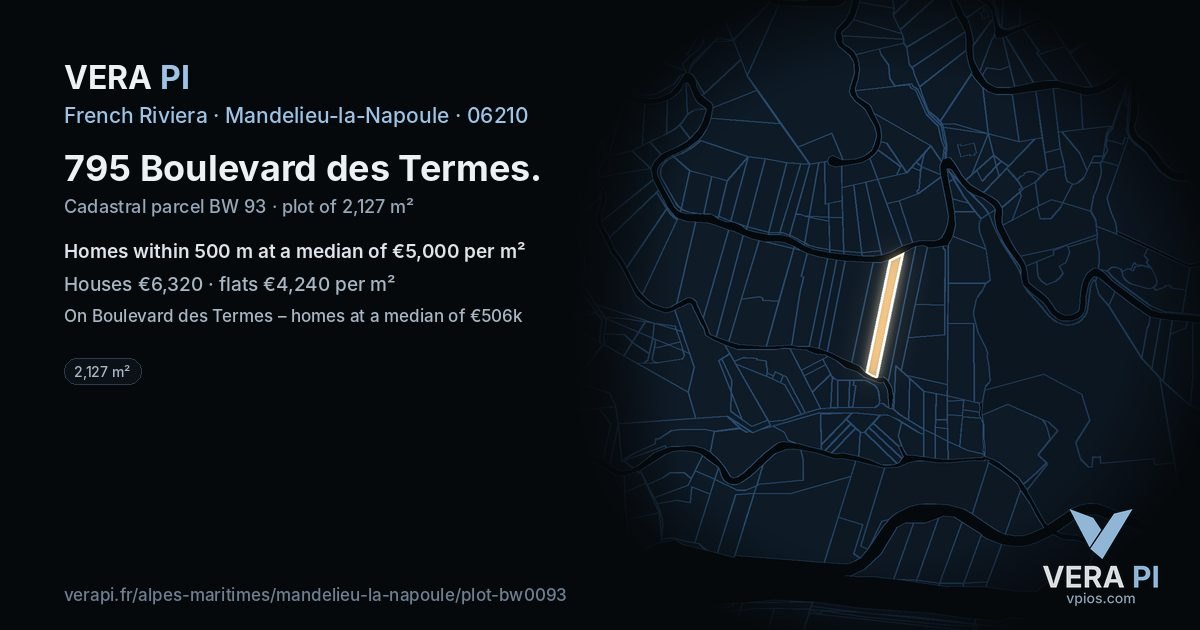 795 Boulevard des Termes, Mandelieu-la-Napoule at night – the plot lit, the parcels around coloured by the prices near them