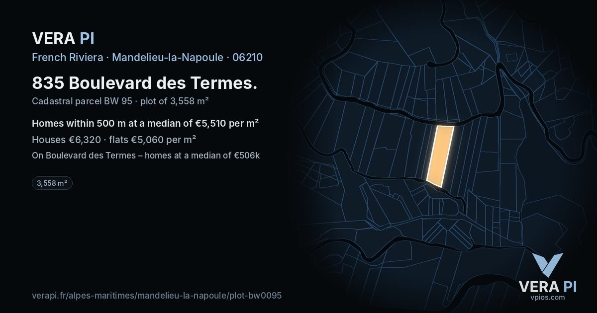 835 Boulevard des Termes, Mandelieu-la-Napoule at night – the plot lit, the parcels around coloured by the prices near them