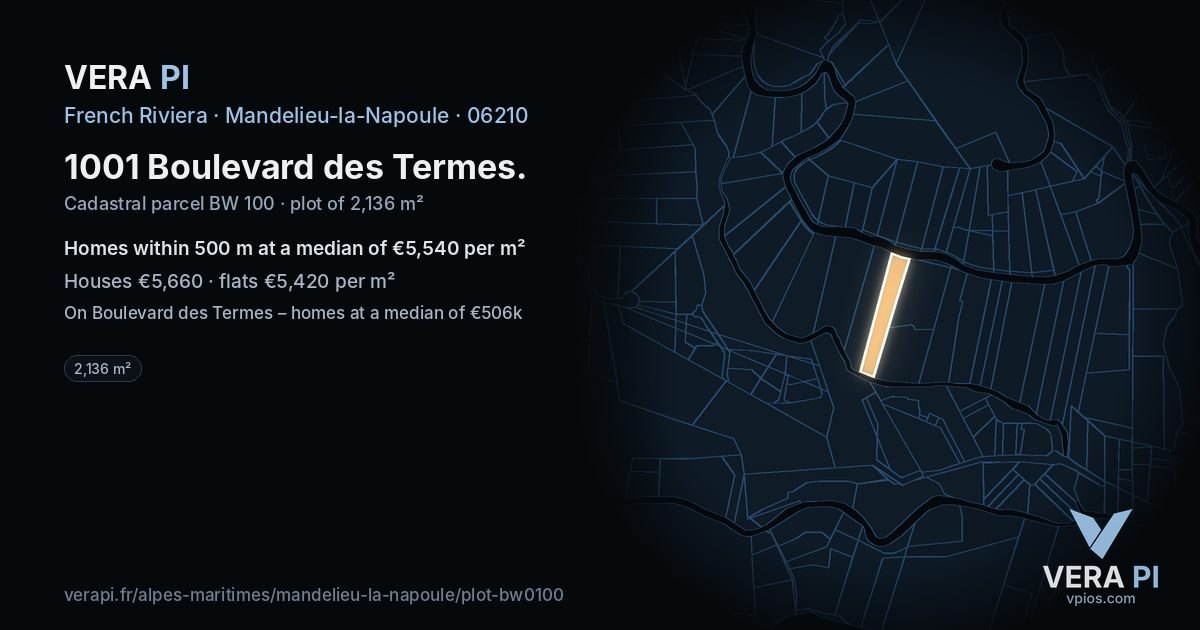 1001 Boulevard des Termes, Mandelieu-la-Napoule at night – the plot lit, the parcels around coloured by the prices near them