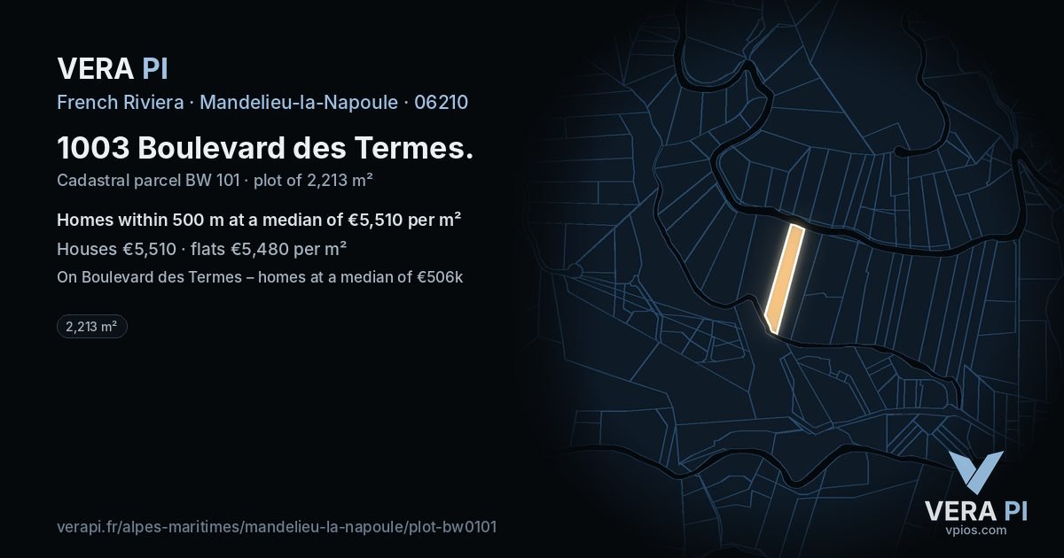 1003 Boulevard des Termes, Mandelieu-la-Napoule at night – the plot lit, the parcels around coloured by the prices near them