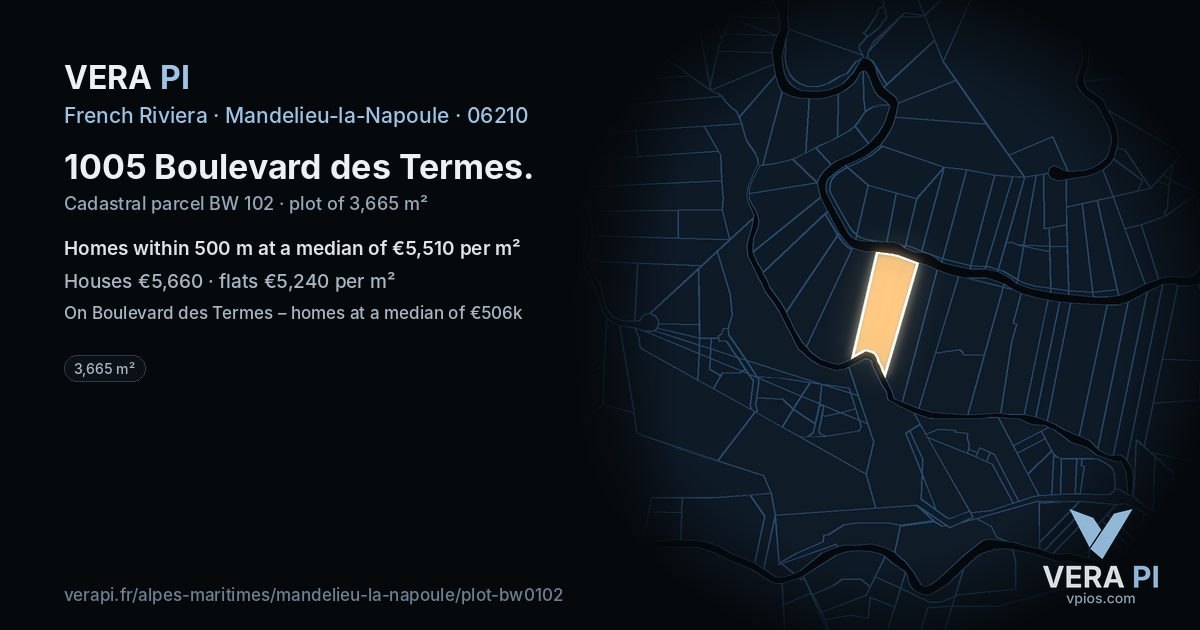 1005 Boulevard des Termes, Mandelieu-la-Napoule at night – the plot lit, the parcels around coloured by the prices near them