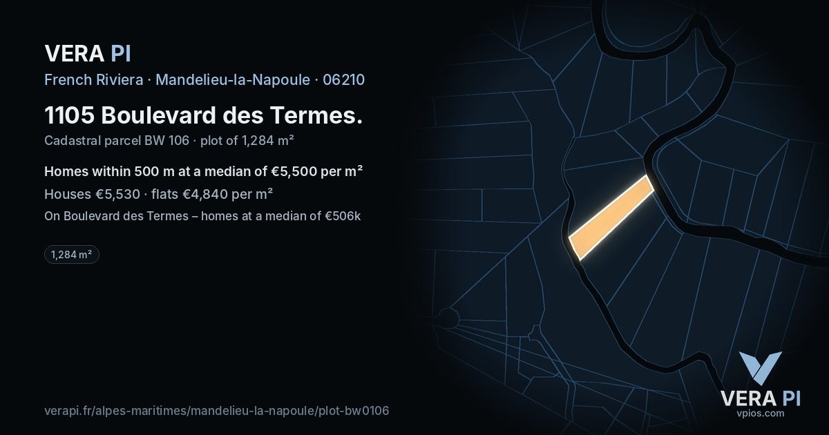 1105 Boulevard des Termes, Mandelieu-la-Napoule at night – the plot lit, the parcels around coloured by the prices near them