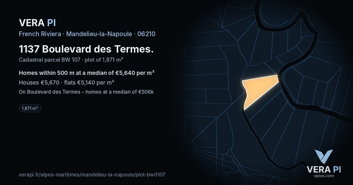 1137 Boulevard des Termes, Mandelieu-la-Napoule at night – the plot lit, the parcels around coloured by the prices near them
