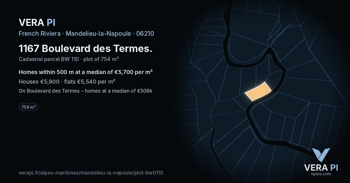 1167 Boulevard des Termes, Mandelieu-la-Napoule at night – the plot lit, the parcels around coloured by the prices near them