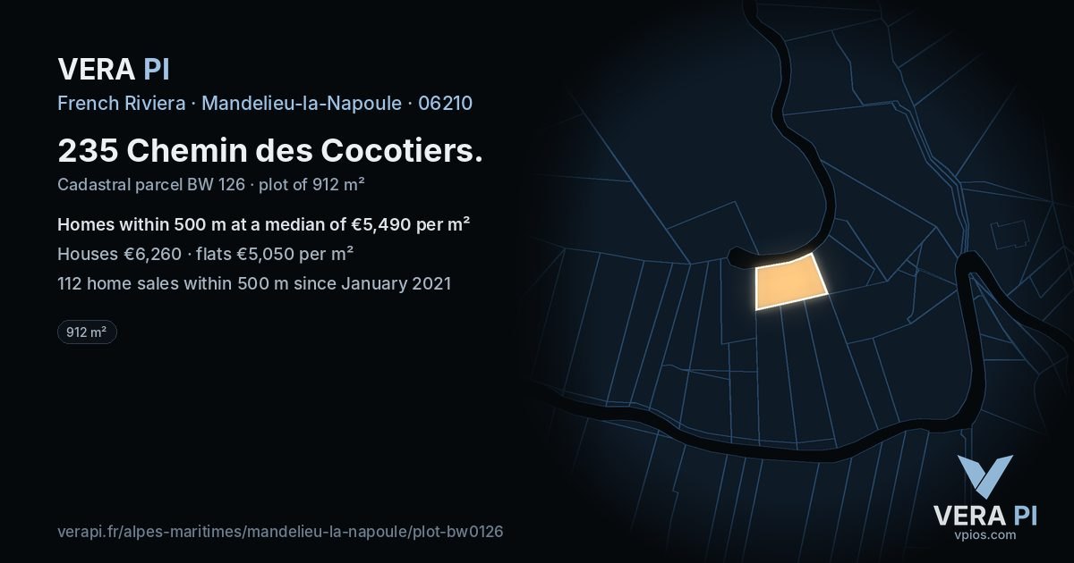 235 Chemin des Cocotiers, Mandelieu-la-Napoule at night – the plot lit, the parcels around coloured by the prices near them