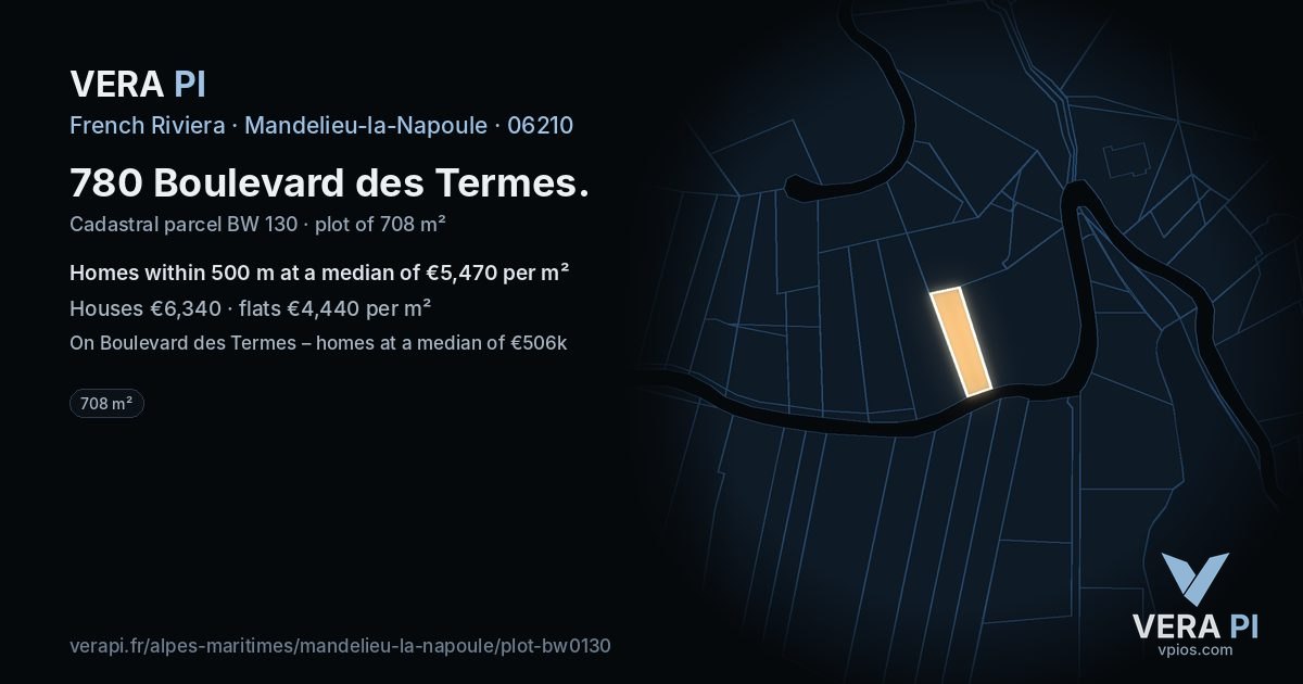 780 Boulevard des Termes, Mandelieu-la-Napoule at night – the plot lit, the parcels around coloured by the prices near them