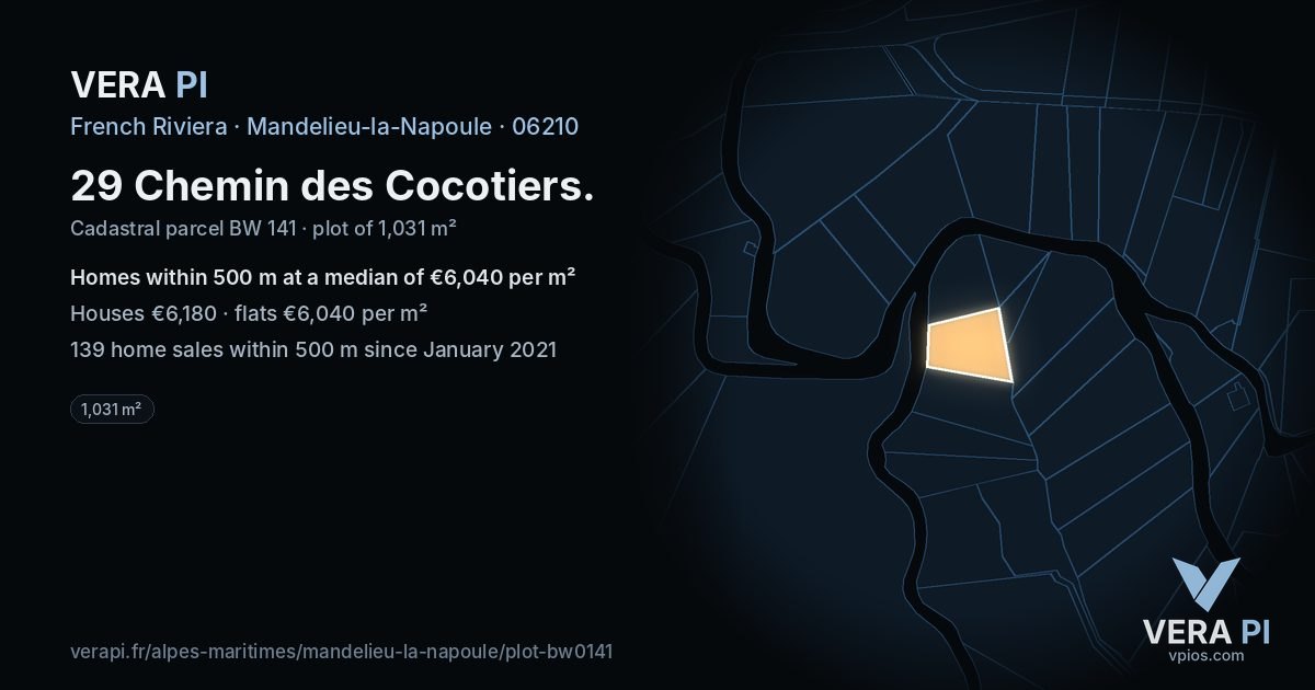 29 Chemin des Cocotiers, Mandelieu-la-Napoule at night – the plot lit, the parcels around coloured by the prices near them