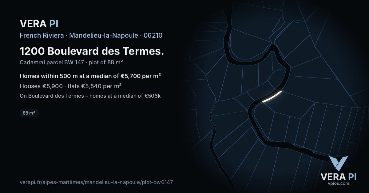 1200 Boulevard des Termes, Mandelieu-la-Napoule at night – the plot lit, the parcels around coloured by the prices near them