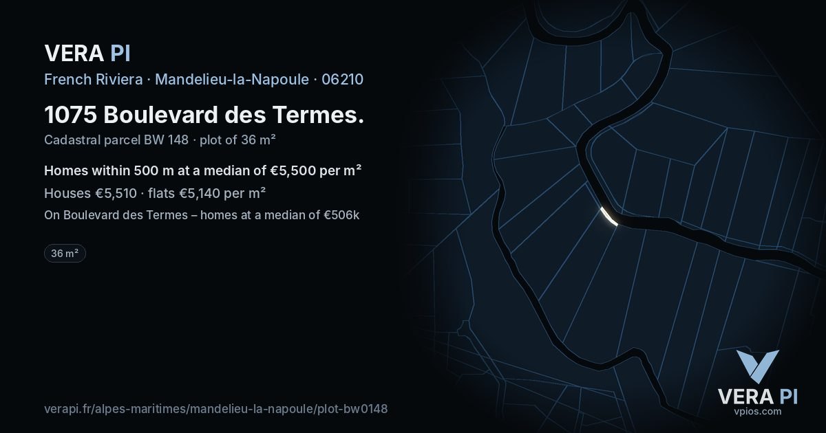 1075 Boulevard des Termes, Mandelieu-la-Napoule at night – the plot lit, the parcels around coloured by the prices near them