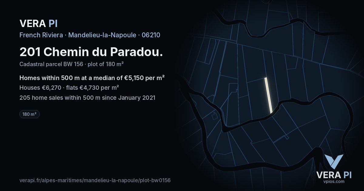 201 Chemin du Paradou, Mandelieu-la-Napoule at night – the plot lit, the parcels around coloured by the prices near them