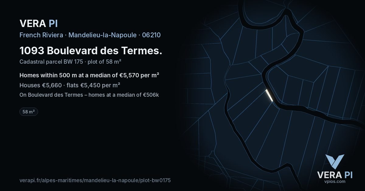 1093 Boulevard des Termes, Mandelieu-la-Napoule at night – the plot lit, the parcels around coloured by the prices near them