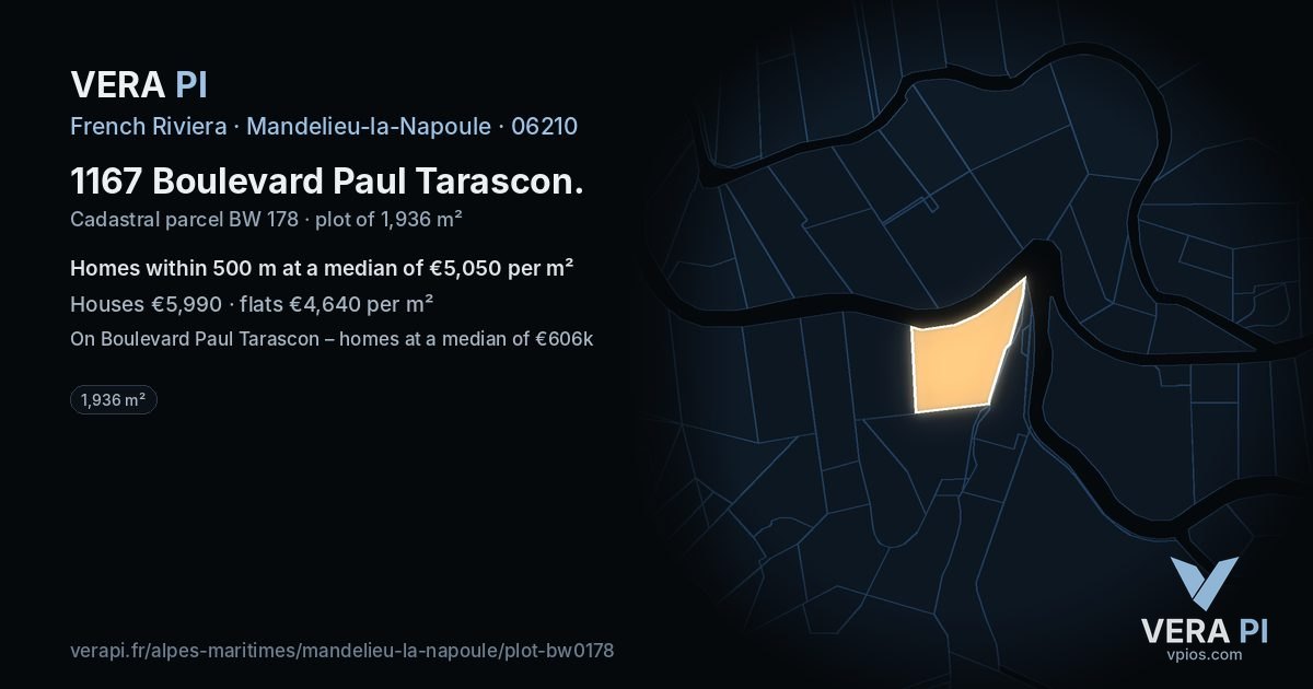 1167 Boulevard Paul Tarascon, Mandelieu-la-Napoule at night – the plot lit, the parcels around coloured by the prices near them