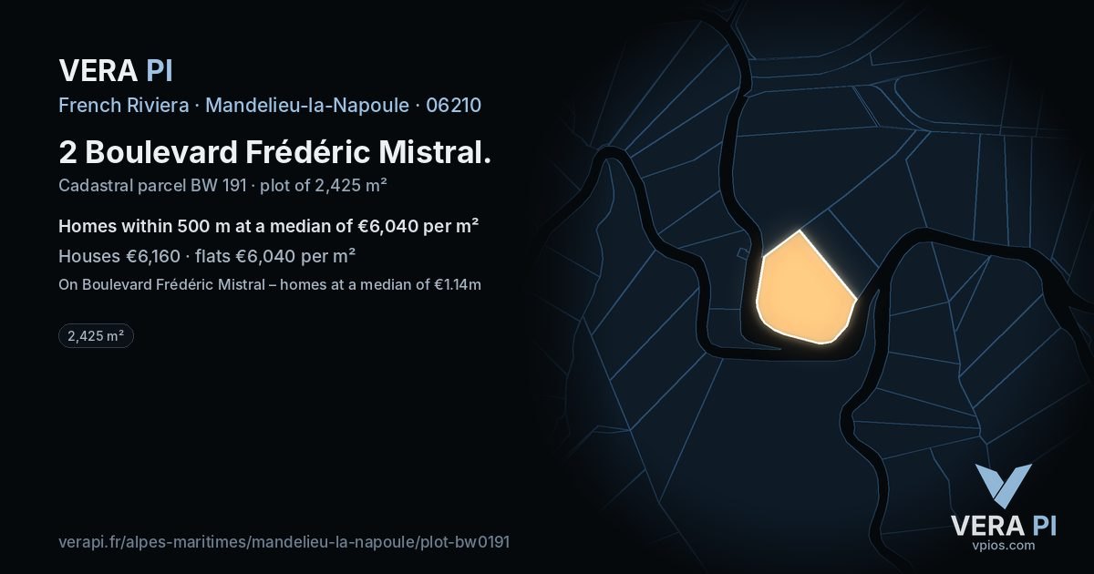 2 Boulevard Frédéric Mistral, Mandelieu-la-Napoule at night – the plot lit, the parcels around coloured by the prices near them