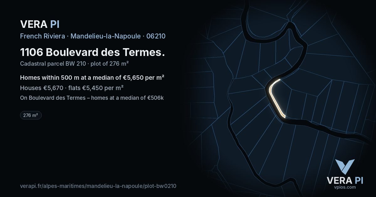 1106 Boulevard des Termes, Mandelieu-la-Napoule at night – the plot lit, the parcels around coloured by the prices near them